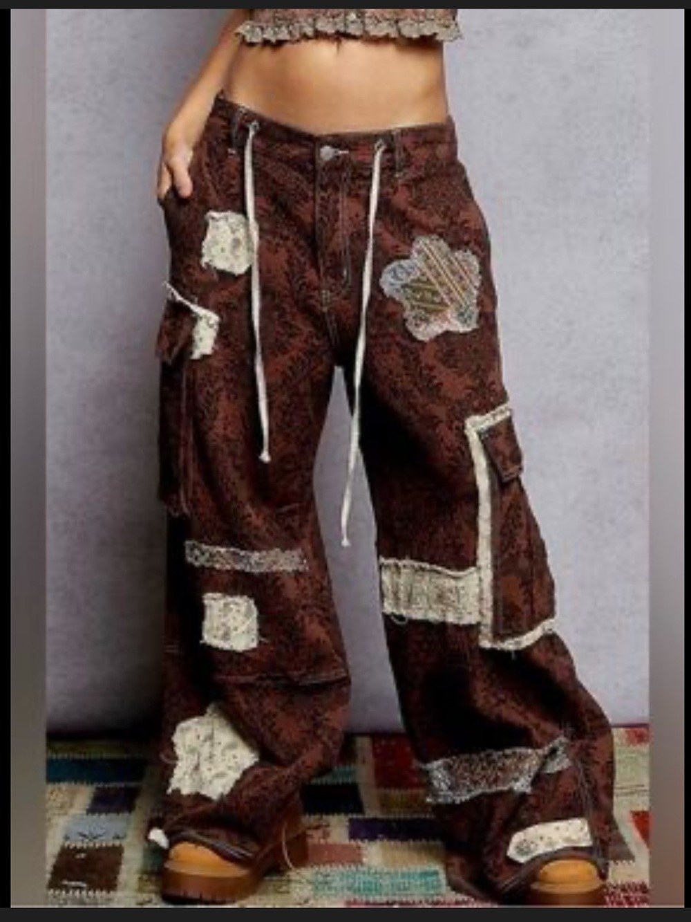 POL Wide-Leg Brown Patchwork Cargo Pants
